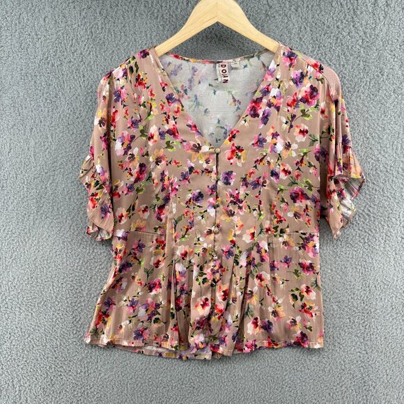 Anthropologie Dolan Floral Flutter Sleeve V-Neck Peplum Top Blouse Pink Beige PM - Picture 1 of 7